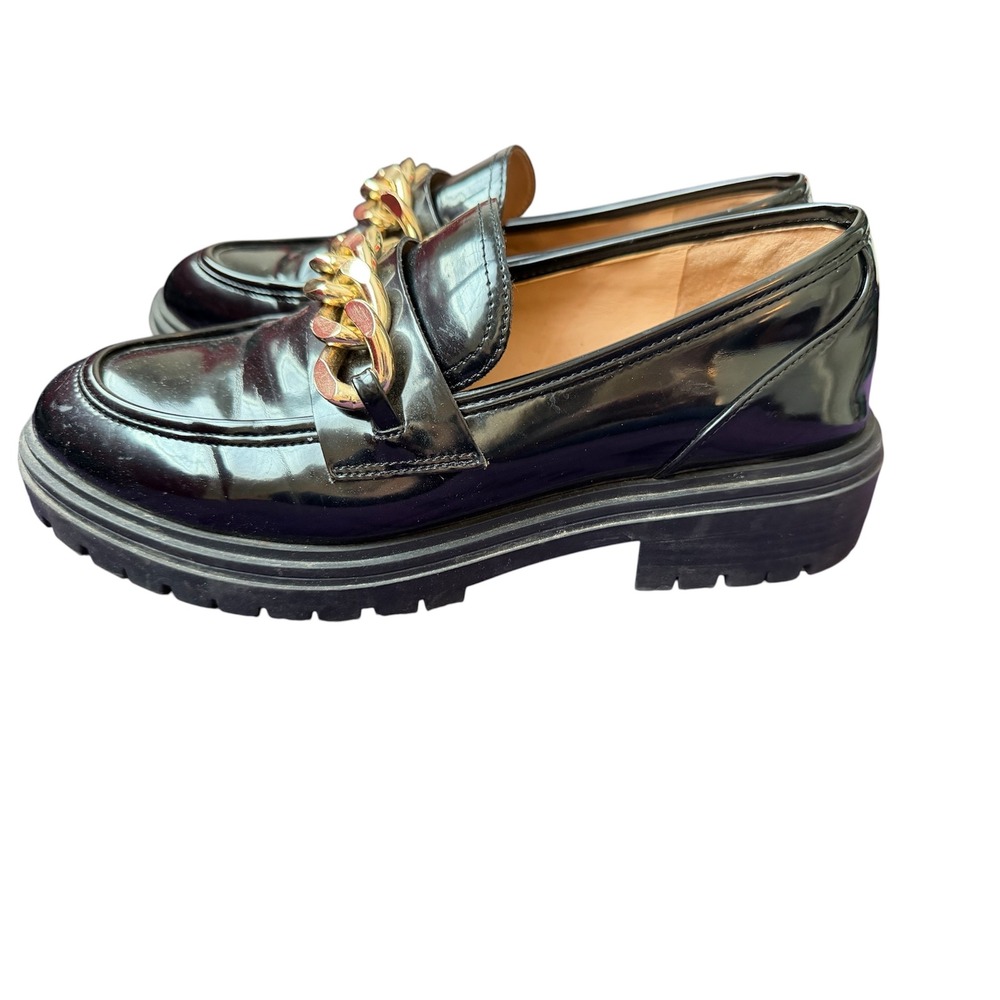 INC Brea Black Patent Gold Chain Chunky Lug Sole Loafers Size 9.5